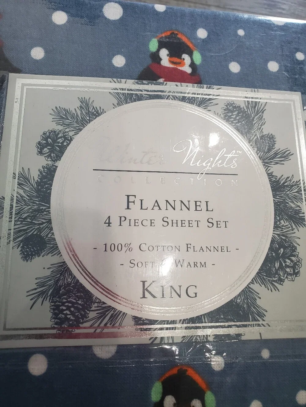 Winter Nights Pengin Flannel King Sheets